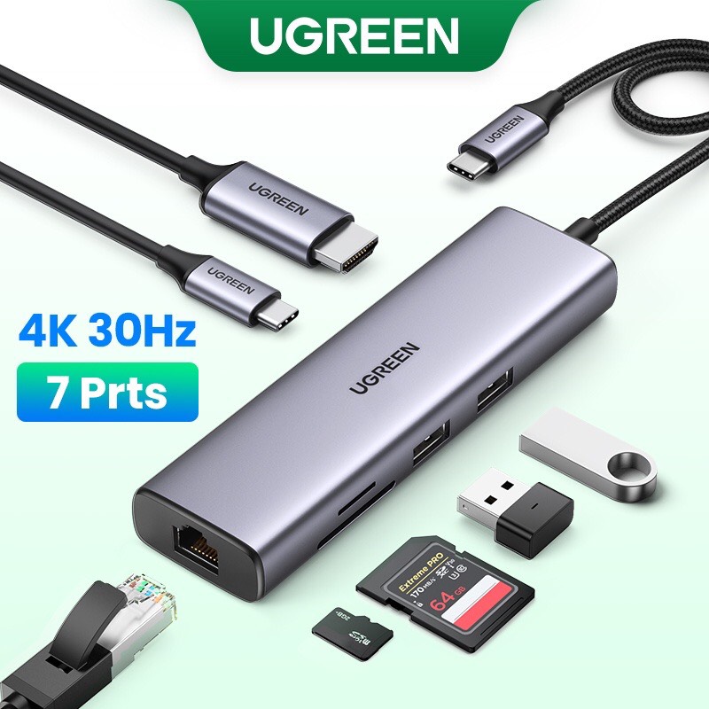 Bộ mở rộng 7 in 1 USB Type-C ra HDMI 4K@60hz/USB/LAN Gigabit/PD100W/SD/TF Ugreen 60515 hàng chính hãng