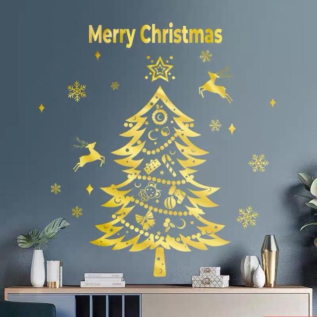 Decal trang trí tường Noel - Ánh vàng thông nhọn kèm chữ cao cấp