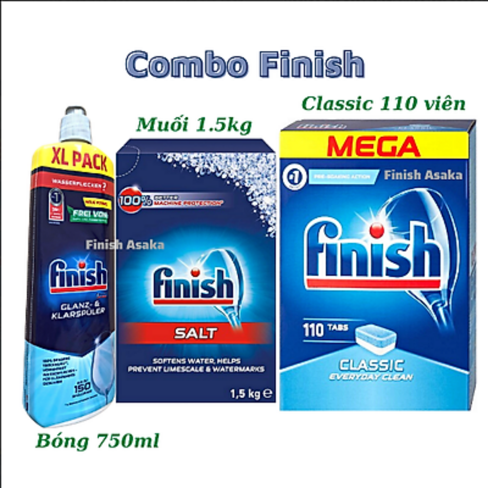 Combo viên rửa bát finish 110 viên+nước làm bóng finish 800ml+muối rửa bát finish 1,5kg dùng cho máy rửa bát