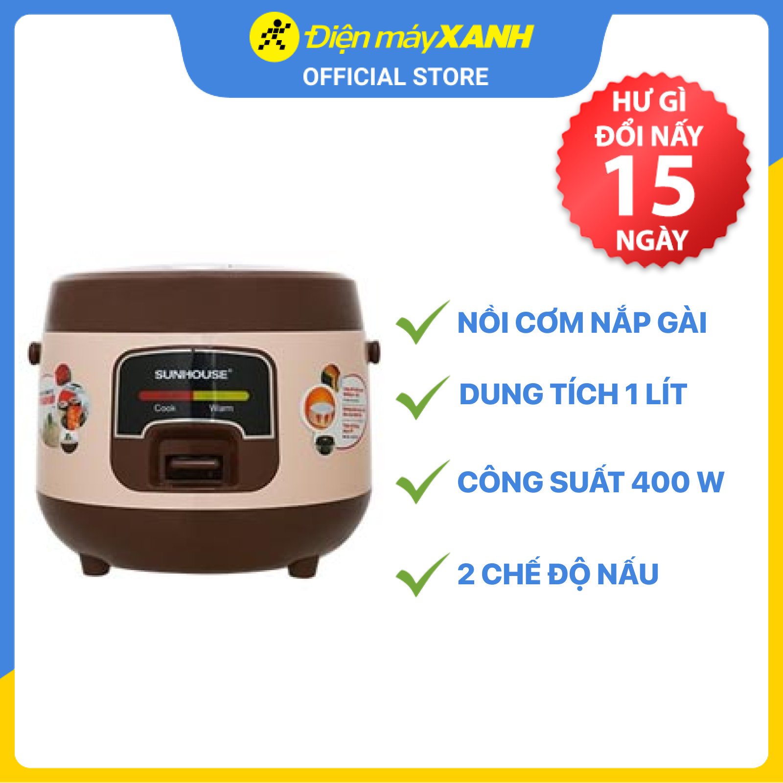 Nồi Cơm Điện Nắp Gài Sunhouse SHD8208C – Nâu (1L) - Hàng chính hãng