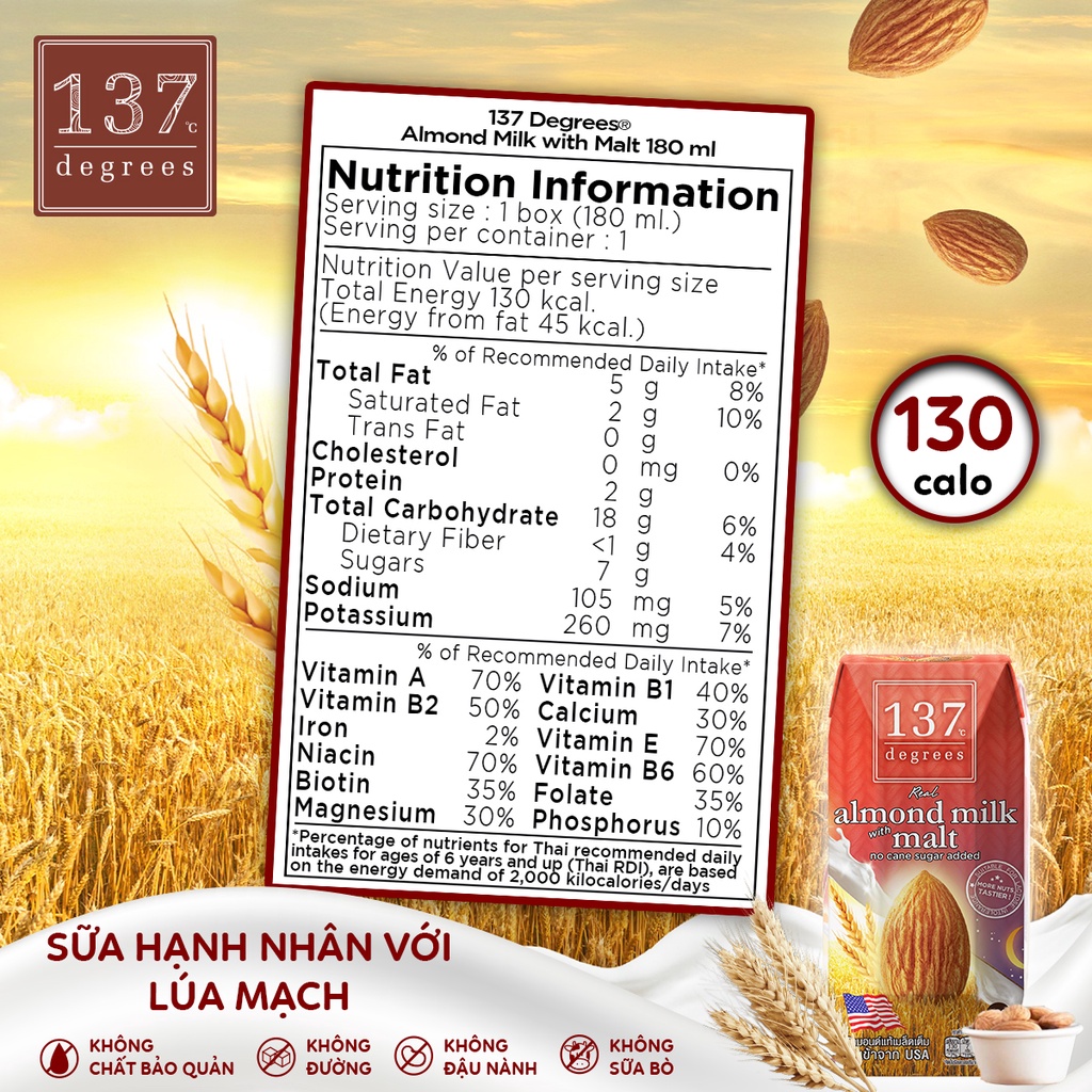 Sữa hạt Hạnh nhân Lúa mạch 137 Degrees hộp 1L