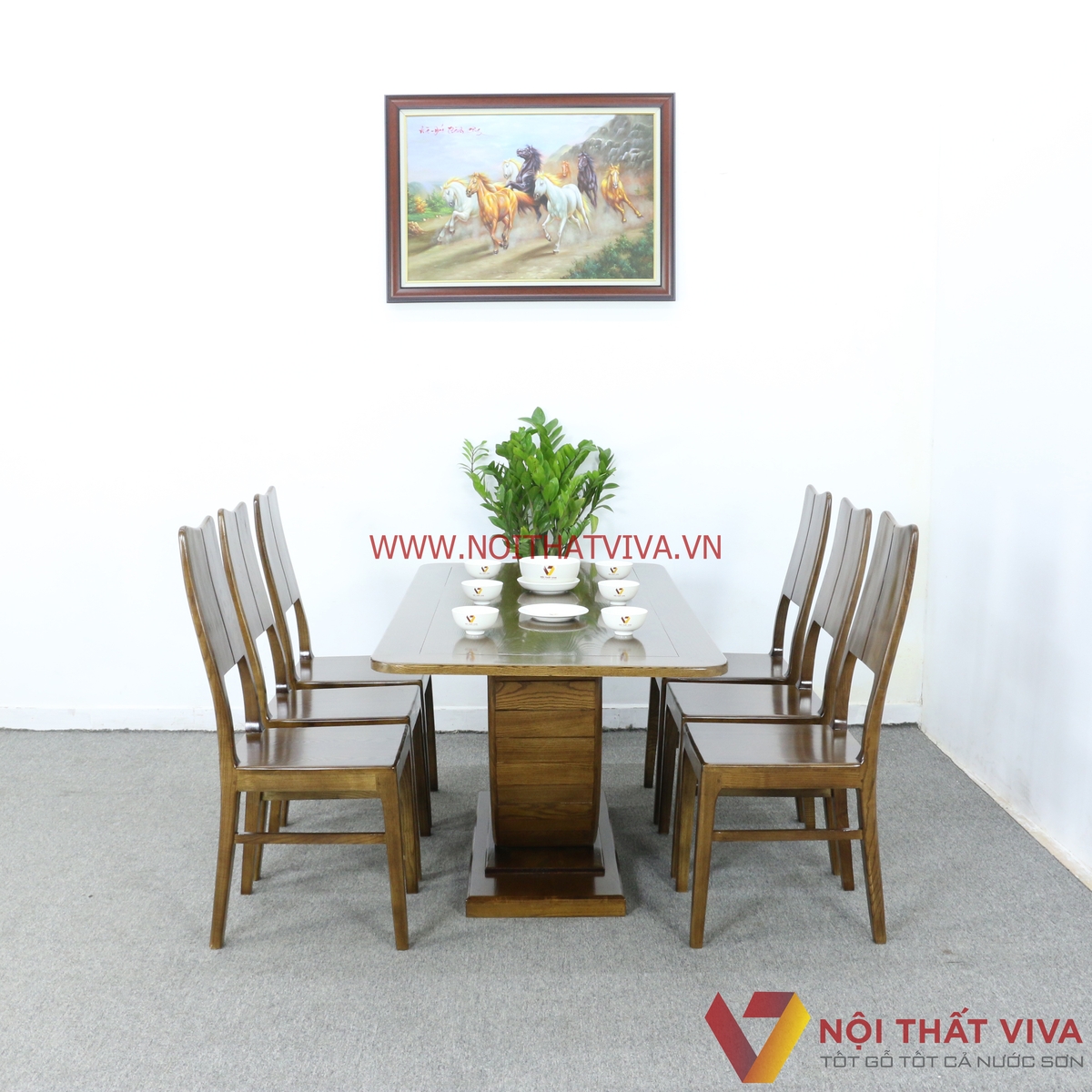 Bộ Bàn Ăn 6 Ghế Gỗ Sồi Nga Chân Bán Nguyệt Màu Óc Chó Đẹp Giá Rẻ