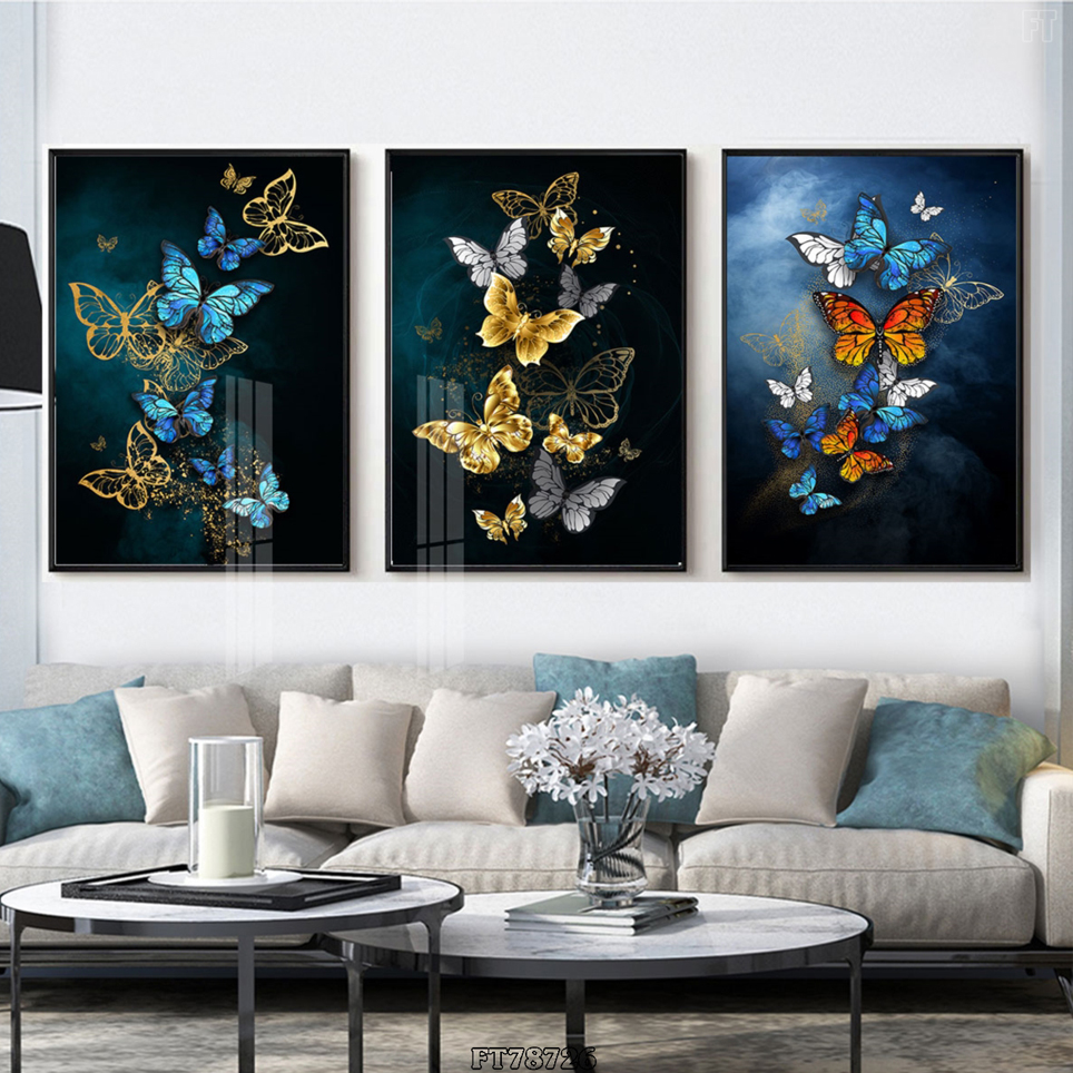 Bộ 3 Tranh Decor Phòng Khách - Tranh Canvas 3 Bức Đàn Bướm Nghệ Thuật Đẹp