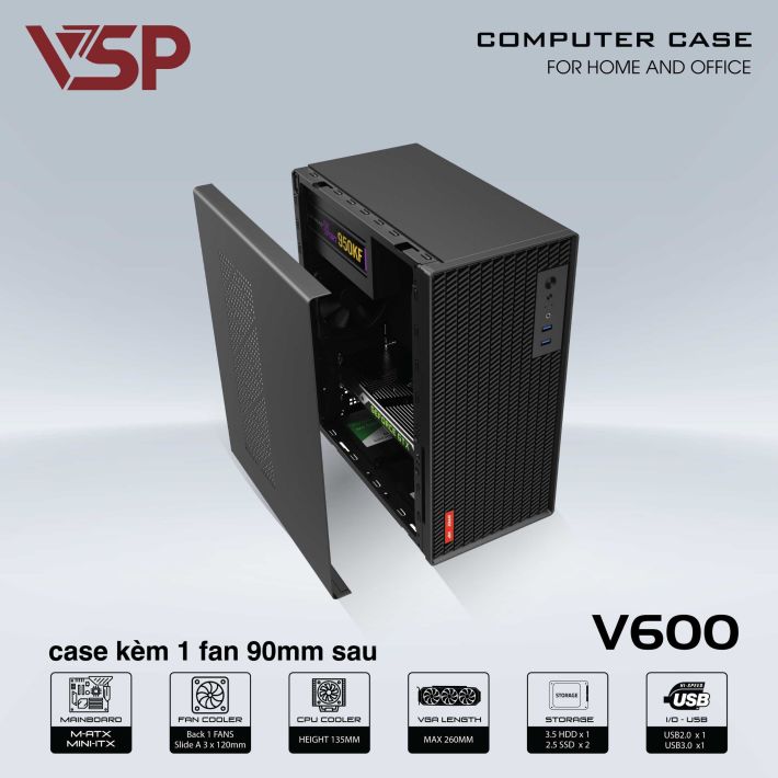 VỎ CASE VĂN PHÒNG V600 - VỎ CASE MÁY TÍNH ( USB 3.0, SPCC 0.8MM, KÈM 1 FAN 9CM )- ĐEN - JL - HÀNG CHÍNH HÃNG