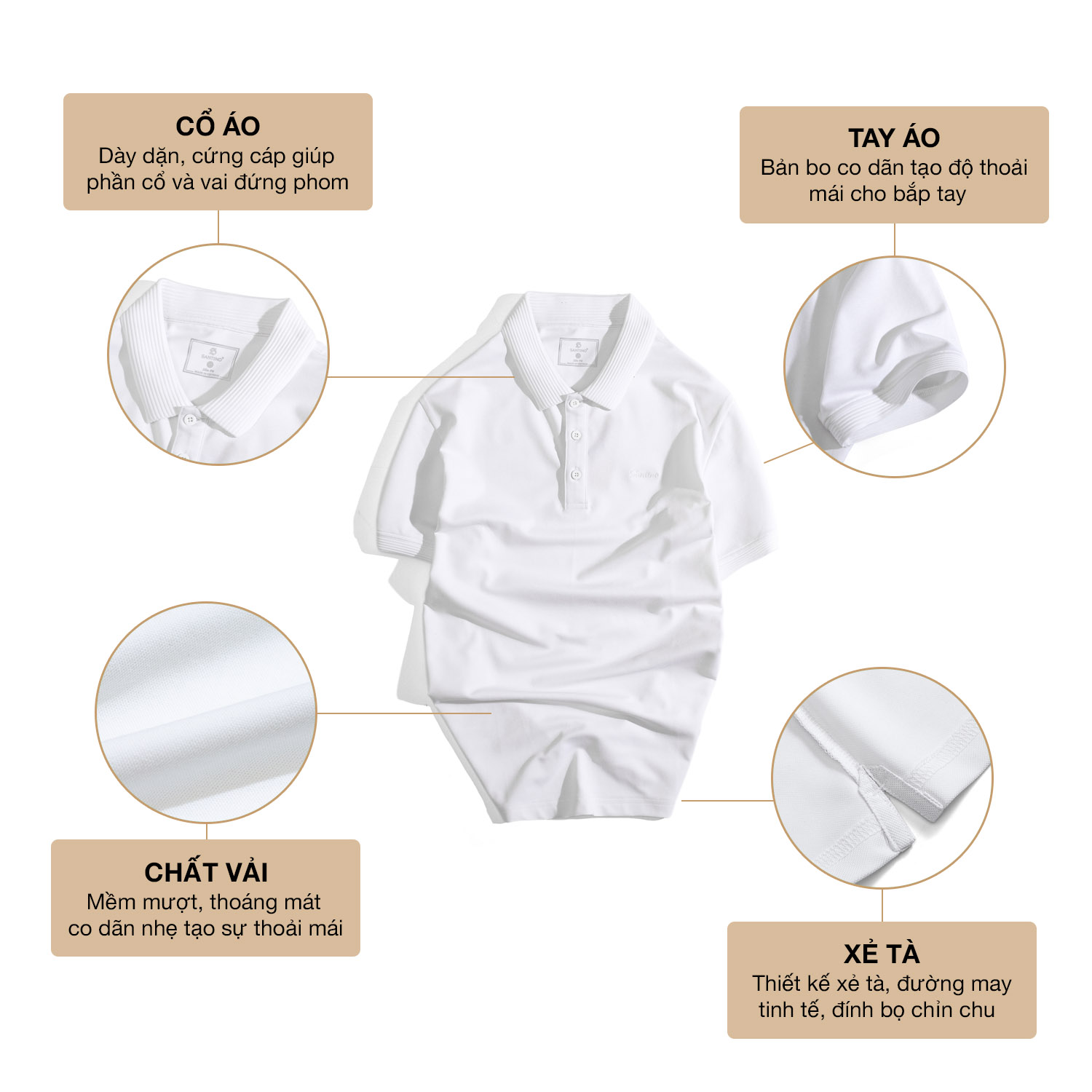 Áo Polo nam trơn SANTINO, Cotton Cá Sấu, kháng khuẩn chống nhăn, chống tia UV - E011