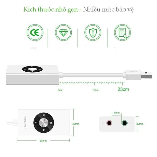 Ugreen UG3044830448TK 20CM màu Trắng Bộ chuyển USB 2.0 sang Loa + MIC chuẩn 3.5mm có điều khiển - HÀNG CHÍNH HÃNG