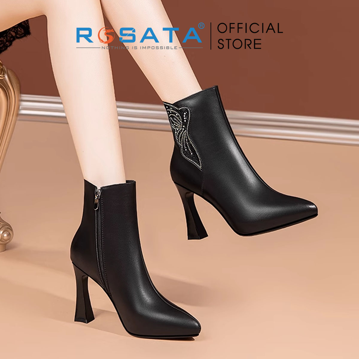 Boots thời trang nữ cao gót, da lì đính hạt, mũi nhọn ROSATA RO606 - 10p - HÀNG VIỆT NAM - BKSTORE