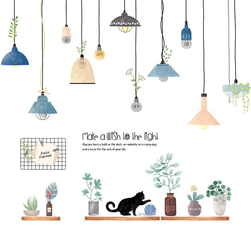 Decal dán tường Dây đèn thả và kệ cây