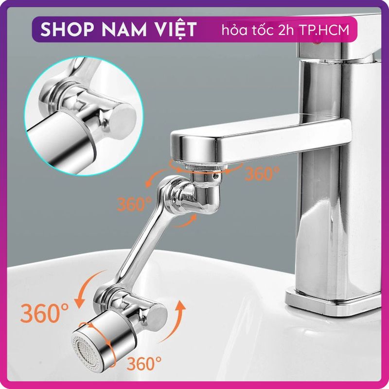 Đầu Nối Vòi Tăng Áp INOX Cánh Tay Robot Xoay 1440 Độ