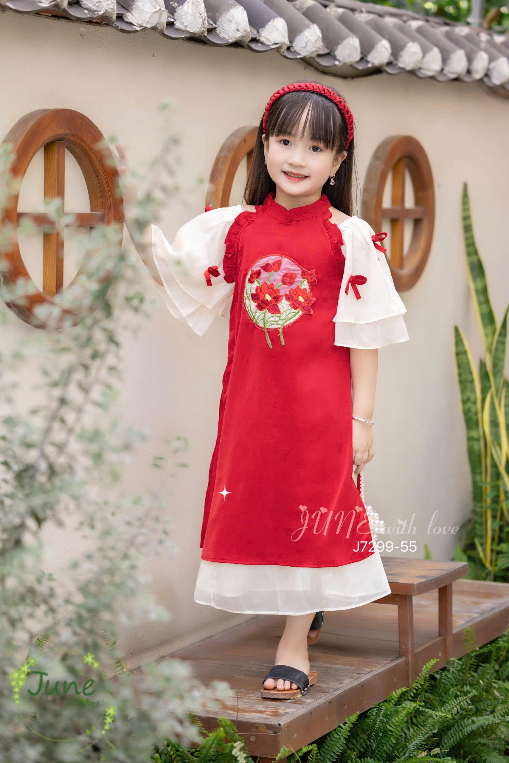 Bộ áo dài tết cho bé gái mẫu hoa sen xinh xắn diện tết năm mới giáng sinh noel từ 12-50kg hàng thiết kế cao cấp
