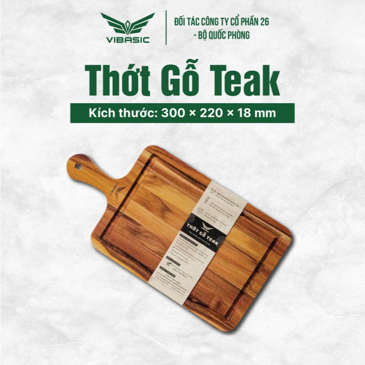 Thớt gỗ Teak Vibasic ghép ngang solid có tay cầm kích thước 300x220x18cm - Hàng chính hãng Bộ Quốc Phòng