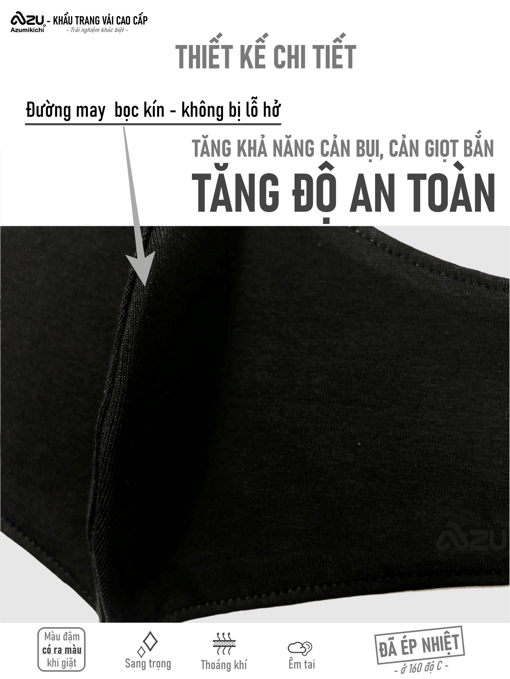 Khẩu trang vải 3D 2 lớp màu đen thoáng khí êm tai chính hãng Azumikichi giặt lại được bền cả năm - A1