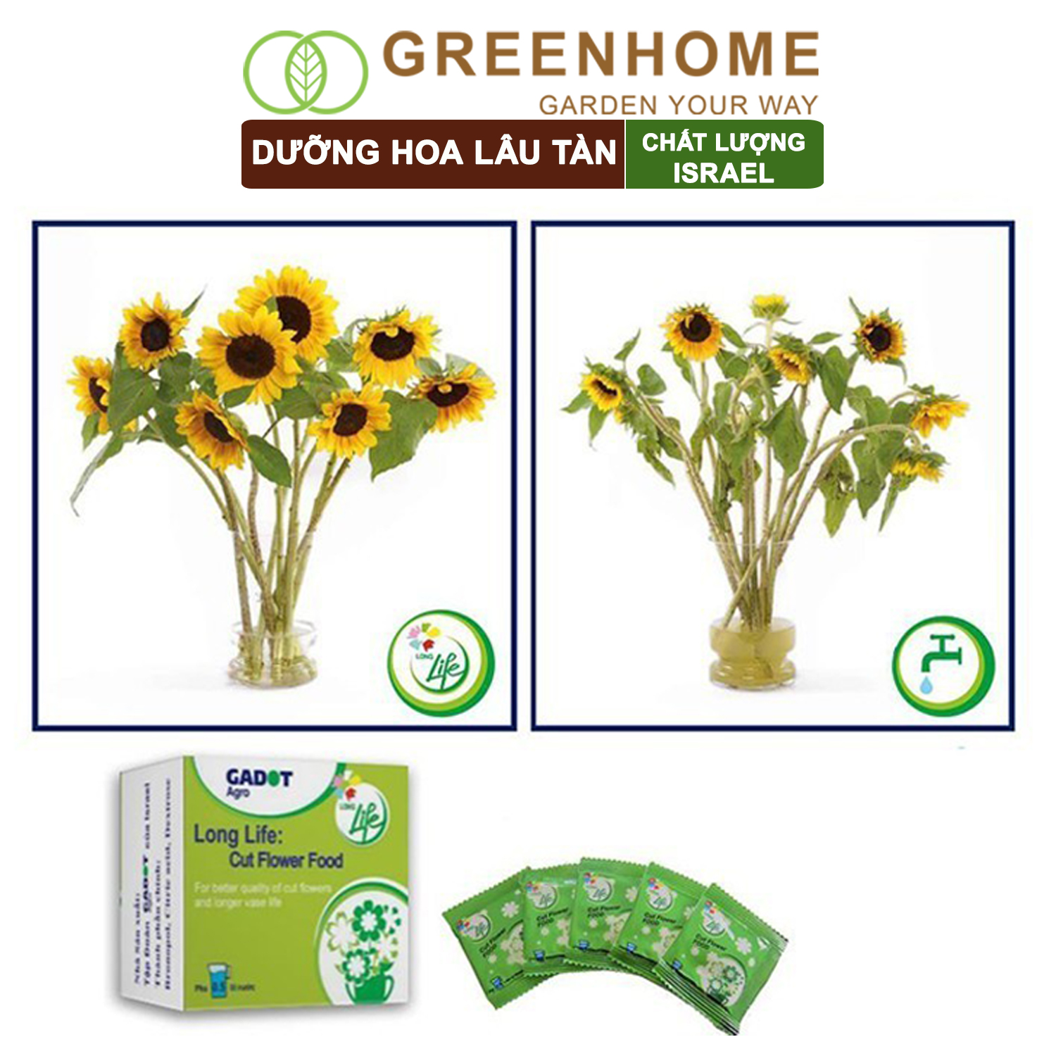 Dưỡng Hoa Tươi Lâu Greenhome, Longlife, Phân Bón Cho Hoa Cắt Cành, Gói 5gr, Lâu Tàn, Nở Bông To, Không Bị Hôi Nước
