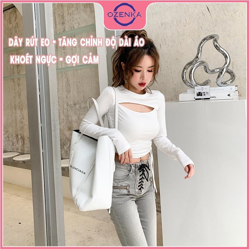 Áo croptop tay dài khoét ngực rút eo , crt ôm body sexy gợi cảm thun gân 100% cotton đen trắng mặc đi chơi