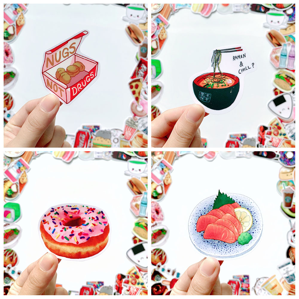 Bộ 20 Sticker Food Chủ Đề Món Ăn Uống Hình Dán Chống Nước Decal Chất Lượng Cao Trang Trí Va Li Du Lịch, Xe Đạp, Xe Máy, Laptop, Nón Bảo Hiểm, Máy Tính Học Sinh, Tủ Quần Áo, Nắp Lưng Điện Thoại