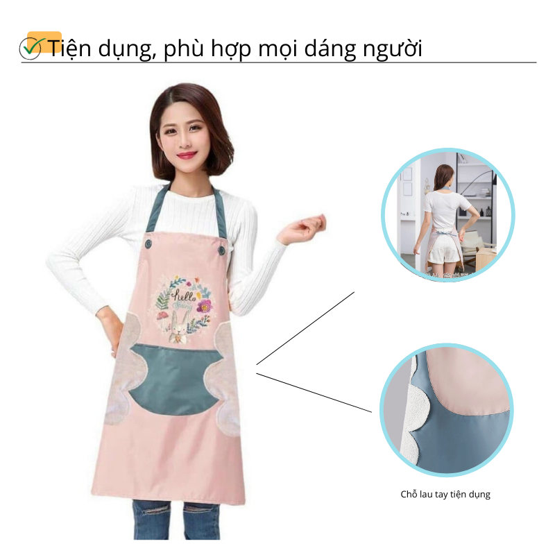 Tạp dề họa tiết thỏ xinh chống thấm nước, có tay lau tay tiện dụng