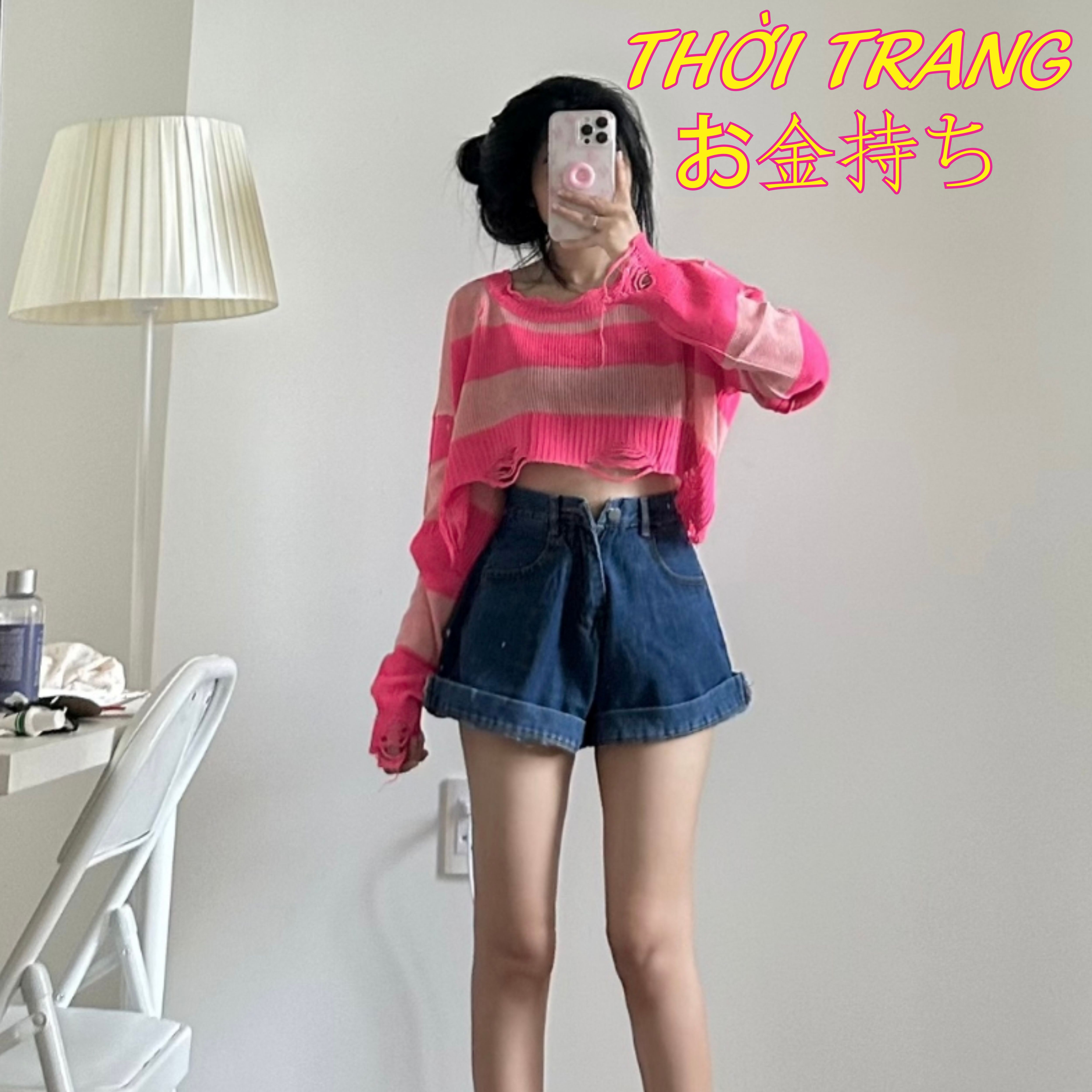 Áo len nữ Montoghi dệt kim mỏng KIỂU RÁCH CROPTOP kẻ sọc phong cách cá tính 170