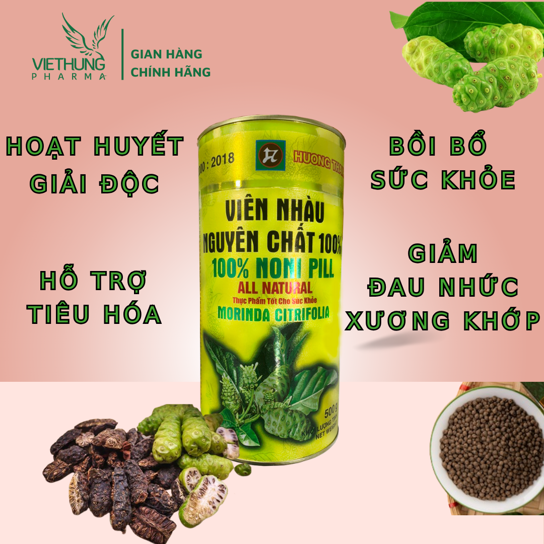 Viên Nhàu (Noni Pill) Nguyên Chất Hương Thanh Vỏ Hộp Vàng, Nhàu Dạng Viên 100% Trái Nhàu Tự Nhiên 500g