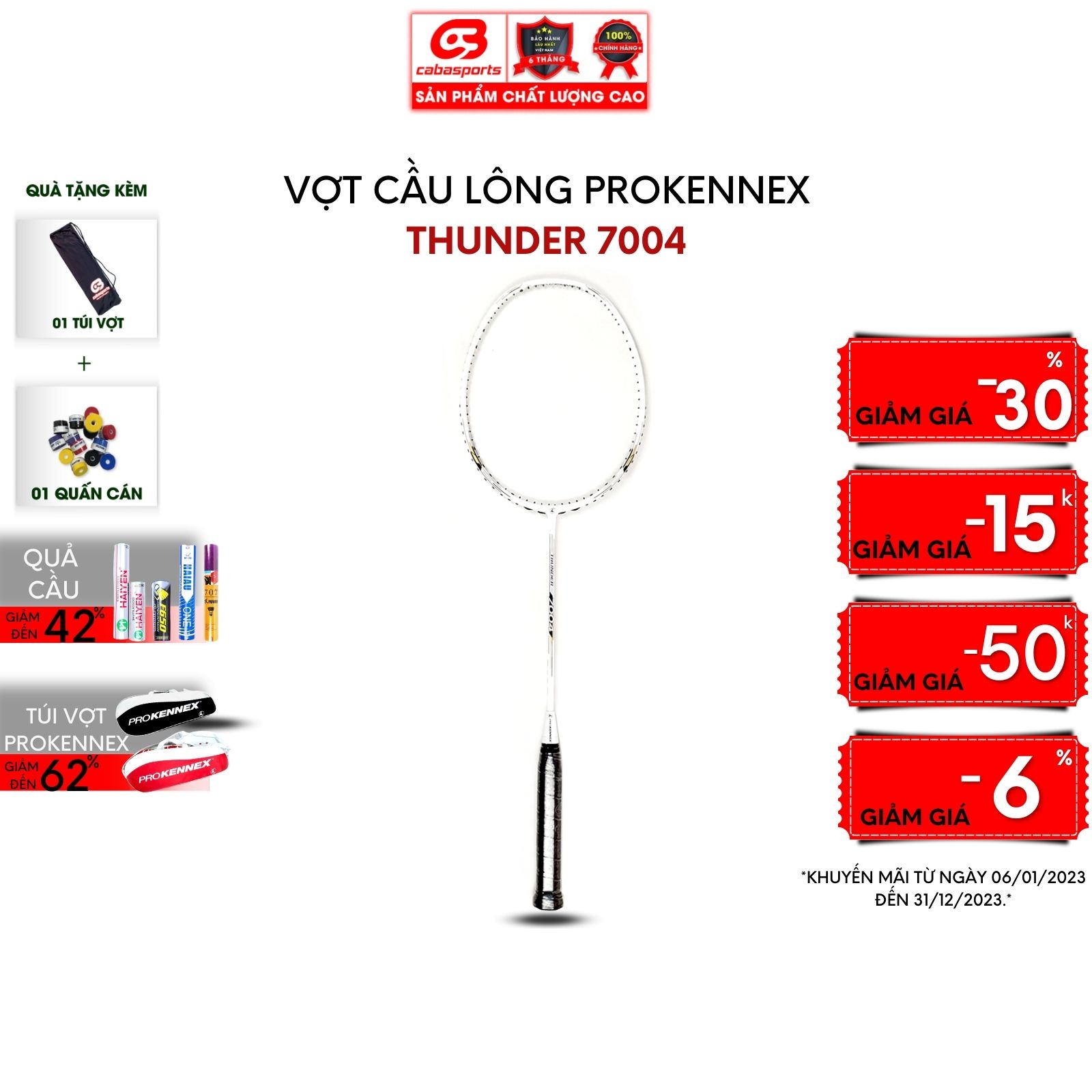 Vợt cầu lông Prokennex THUNDER 7004 chính hãng giá rẻ chuyên công (1 CÂY) - Tặng kèm quấn cán và túi vải Cabasports