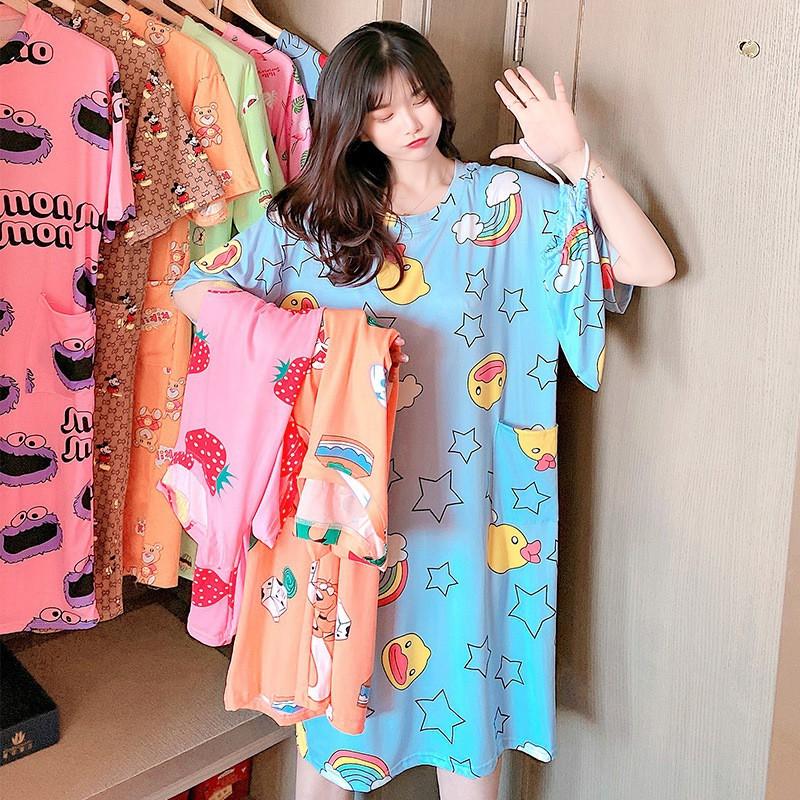Bộ Đồ Ngủ Ngắn Tay Dáng Rộng In Họa Tiết Hoạt Hình Xinh Xắn Cho Nữ