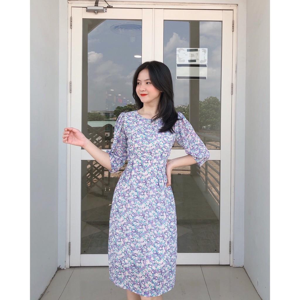 ĐẦM HOA LỤA 2 LỚP CỔ TRÒN TAY LỠ DÁNG XÒE CÓ DÂY CỘT PHẦN EO PHÍA SAU-hình thật shop chụp
