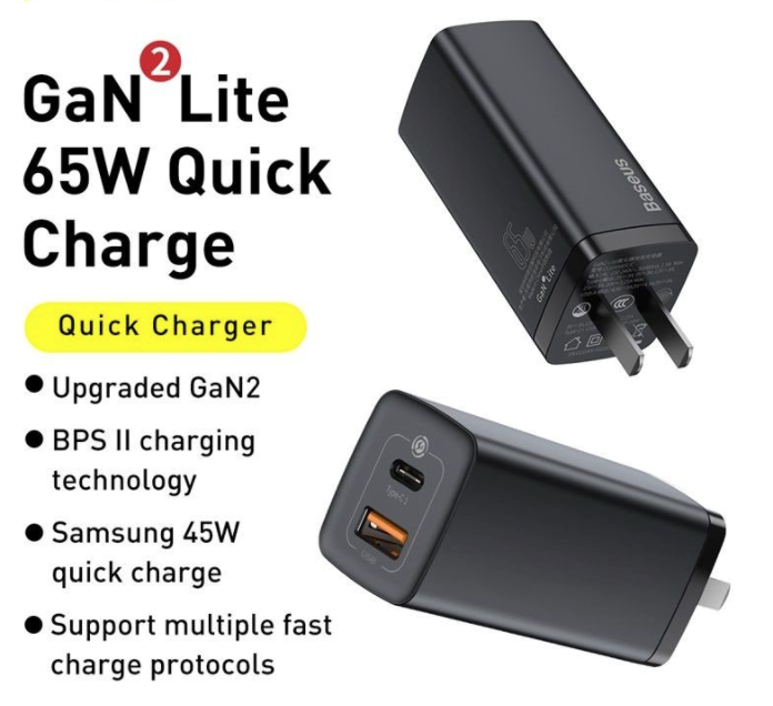 Hình ảnh Củ Sạc Siêu Nhanh, Nhỏ Gọn Baseus GaN2 Lite Quick Charger 65W ( Type-C + USB Port) - Hàng Chính Hãng