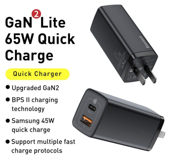 Củ Sạc Siêu Nhanh, Nhỏ Gọn Baseus GaN2 Lite Quick Charger 65W ( Type-C + USB Port) - Hàng Chính Hãng