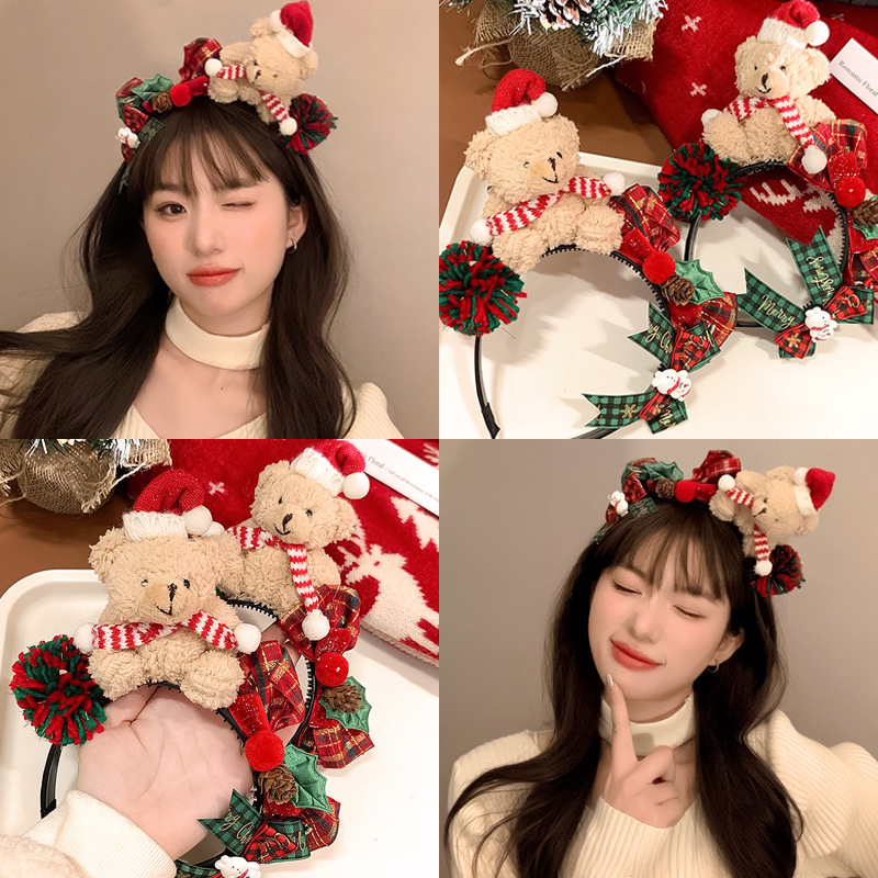 Cài tóc giáng sinh gấu bông nâu dễ thương, băng đô Noel gấu 3d