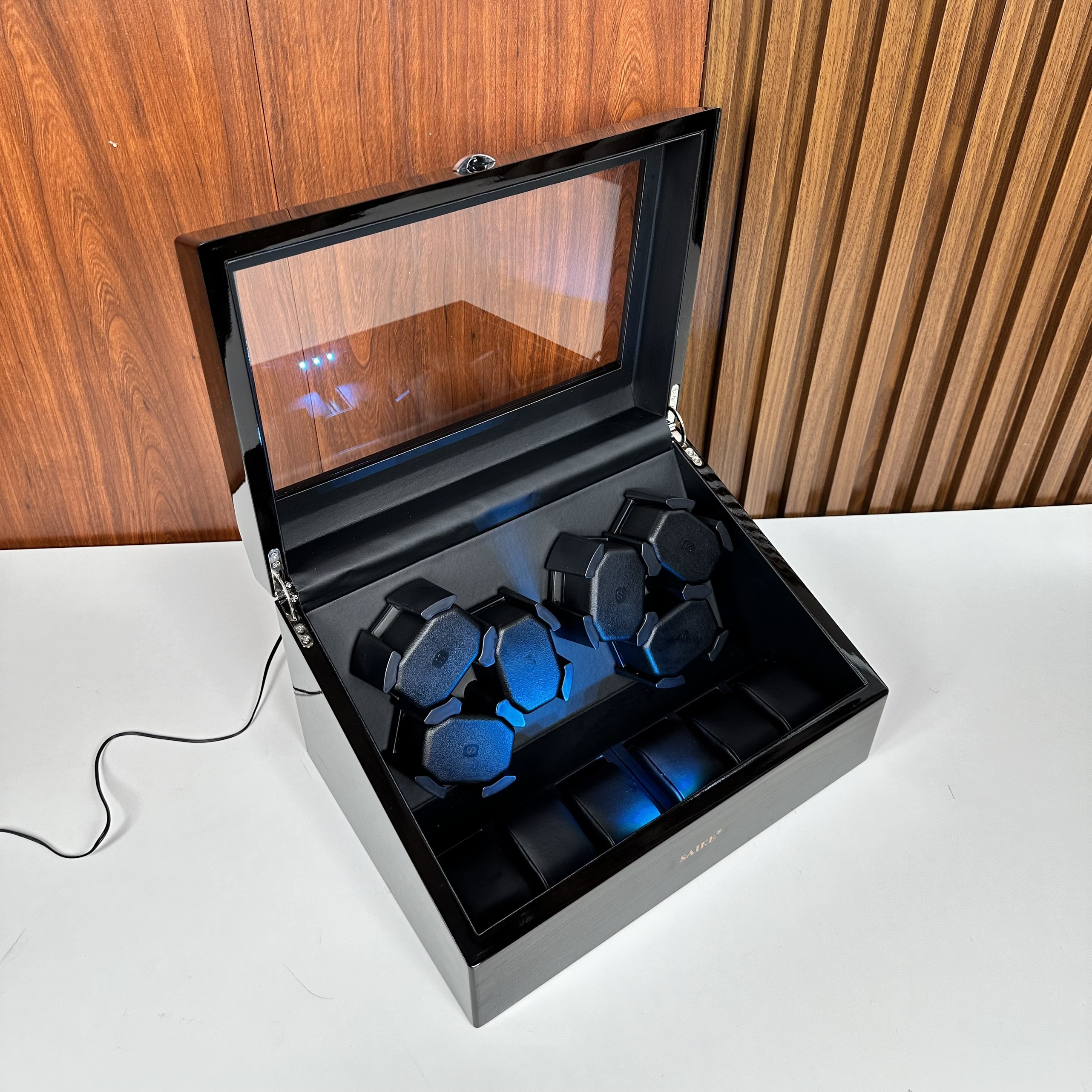 [BH 2 Năm Động Cơ] Hộp Đồng Hồ Cơ 6 Xoay + 6 Tĩnh Vỏ Gỗ Sơn Vân Gỗ Mun Có Đèn Led