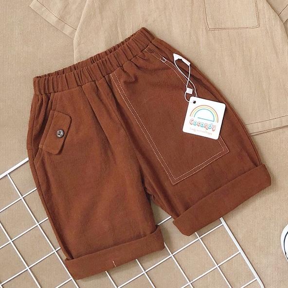 Set đồ cho bé- Áo nâu viền be và Quần cộc đũi nâu cúc túi cho bé của COCANDY mã AS132272, QD115175