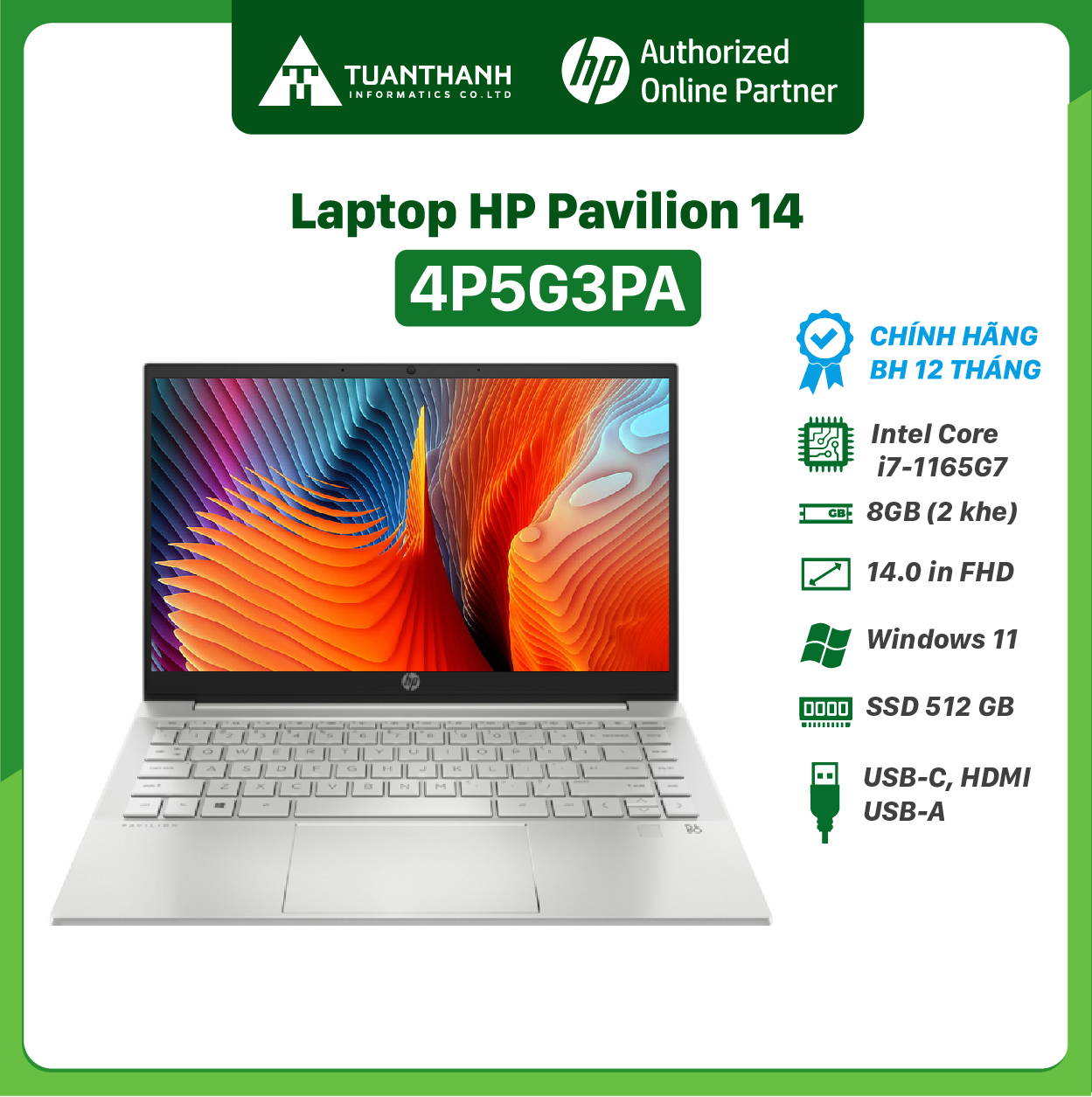 Laptop HP Pavilion 14-dv0534TU (4P5G3PA) /i7-1165G7,8GB RAM/512GB SSD, 14&quot;/ Win11 (Hàng Chính Hãng)