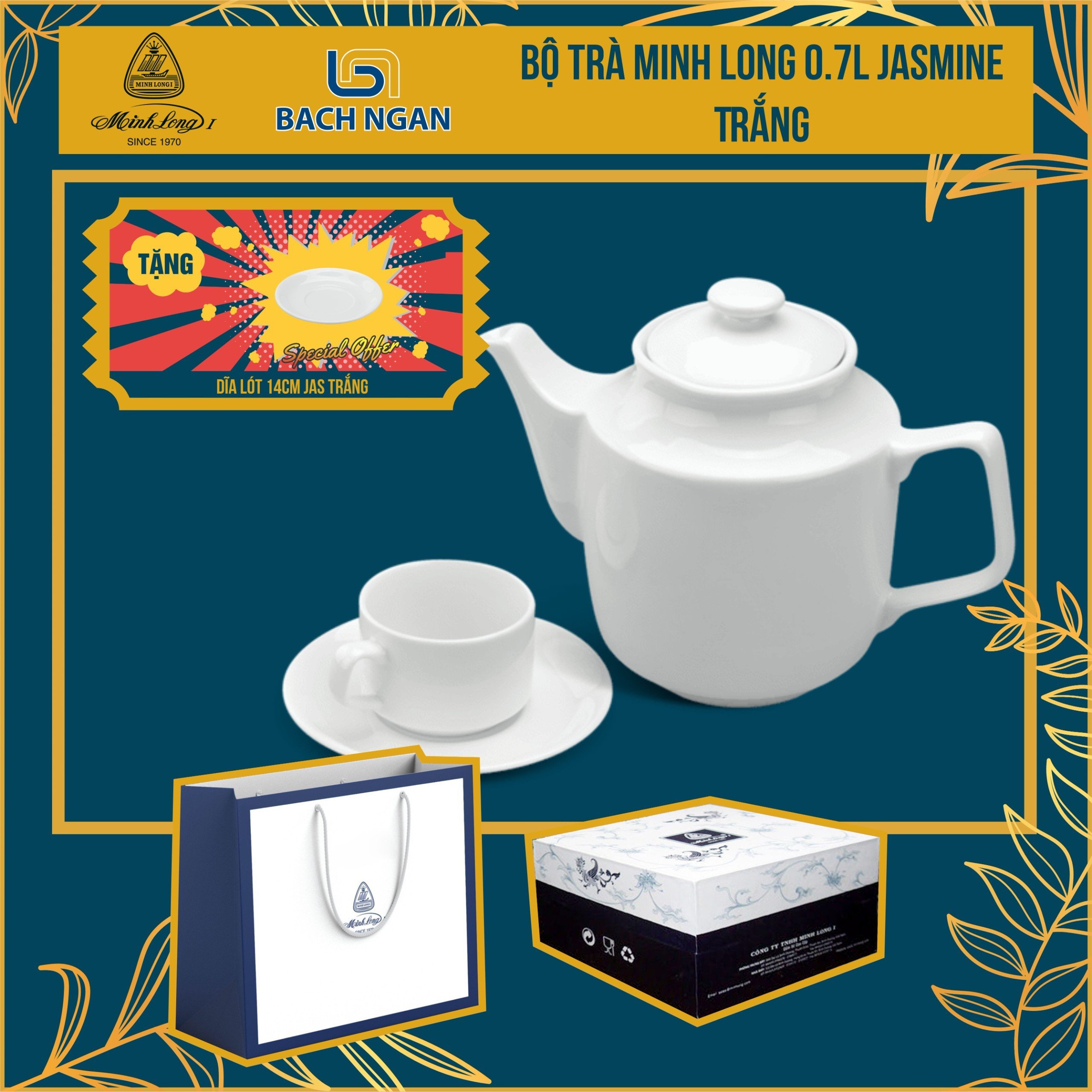 Bộ Ấm Trà Minh Long Jasmine 0.7L Trắng - Gốm sứ cao cấp Minh Long I