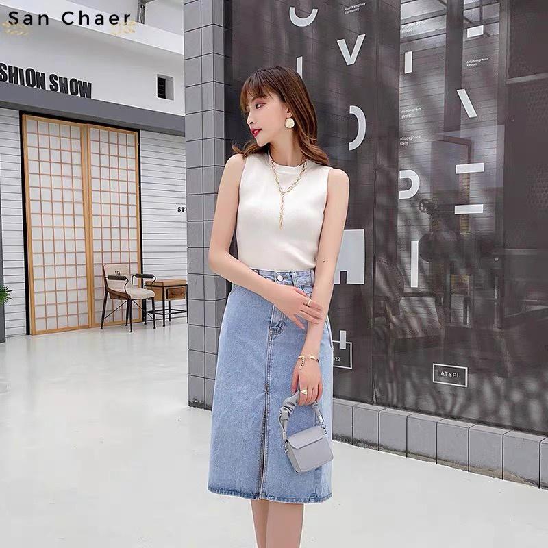 Chân váy jean dài xẻ trước cạp khóa giữa vải bò chân váy midi denim Ulzzang thời trang Banamo Fashion 562