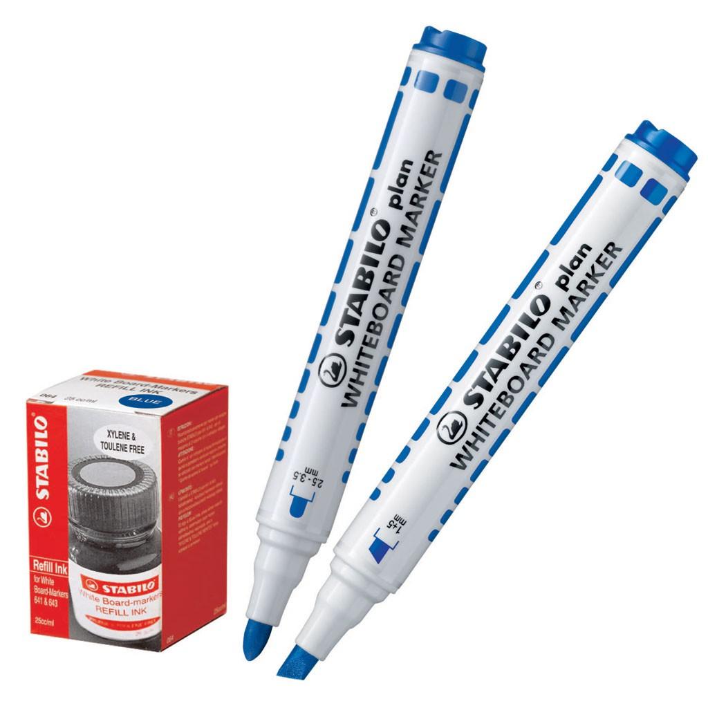 Bộ 2 cây bút viết bảng STABILO Plan WHITEBOARD MARKER WM64-BU-R2 (màu xanh) + Hộp mực (màu xanh)