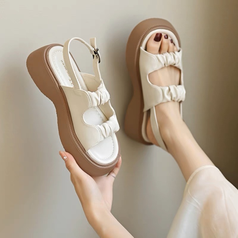 SANDAL xuồng đế cao 5 phân hàng đẹp Vituni giày nữ 2 quai ngang nhún bèo dễ thương D251