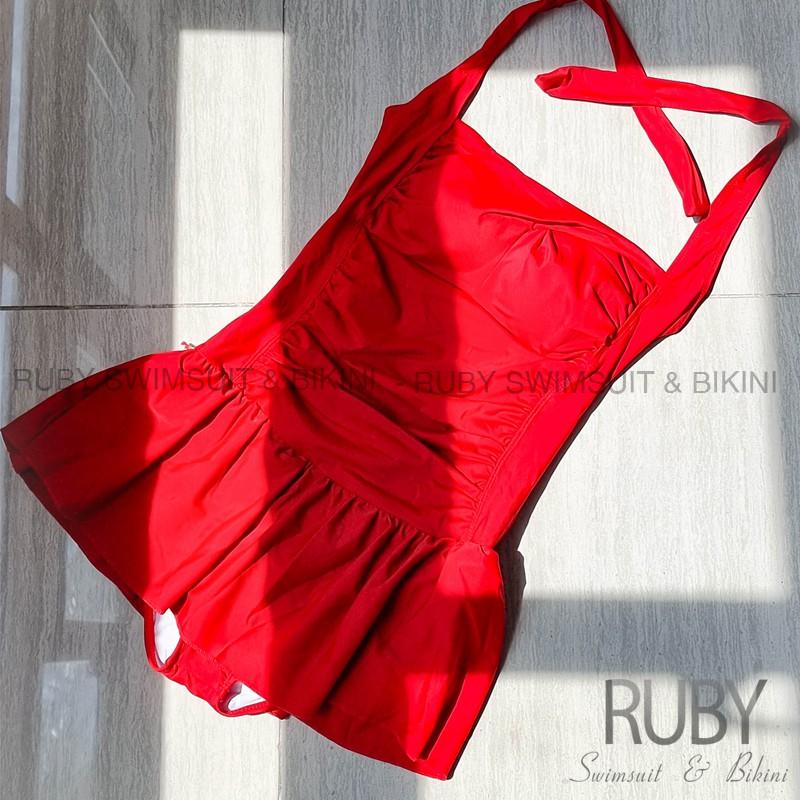 Đồ bơi nữ liền thân một mảnh RUBY cột nơ cổ váy bèo ngắn, kiểu ngang - R006