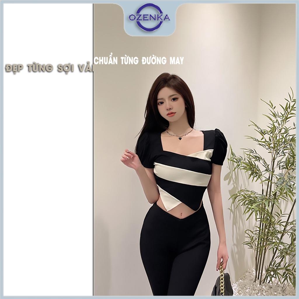 Áo croptop kiểu vạt nhọn cổ vuông vai bồng cộc tay nữ OZENKA , áo crt ôm body phối màu gợi cảm thun cotton dưới 55 cân