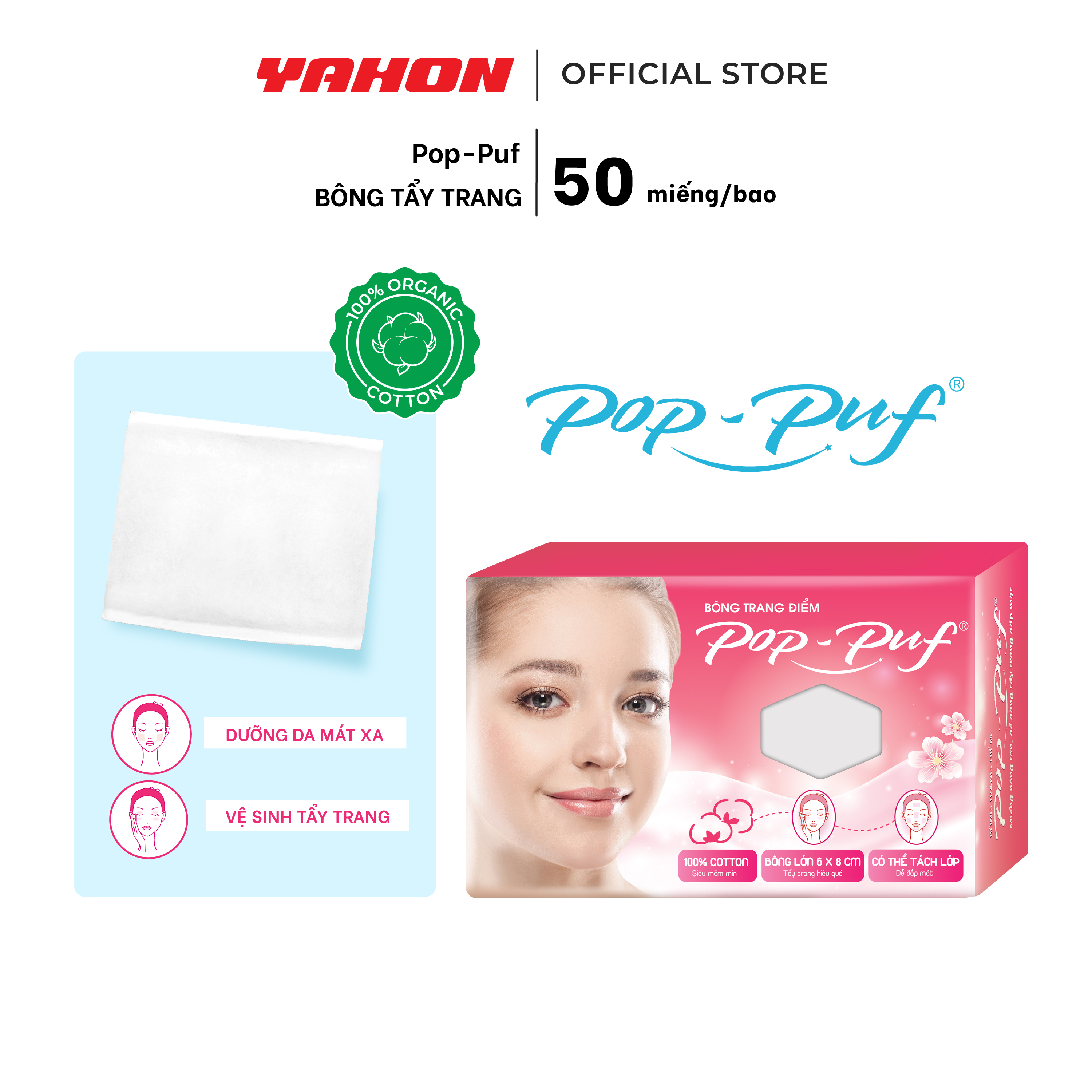 Bông Tẩy Trang Cotton POP-PUF Mềm Mịn, Có Thể Tách Lớp | 50 Miếng/Bao, 6*8cm/Miếng
