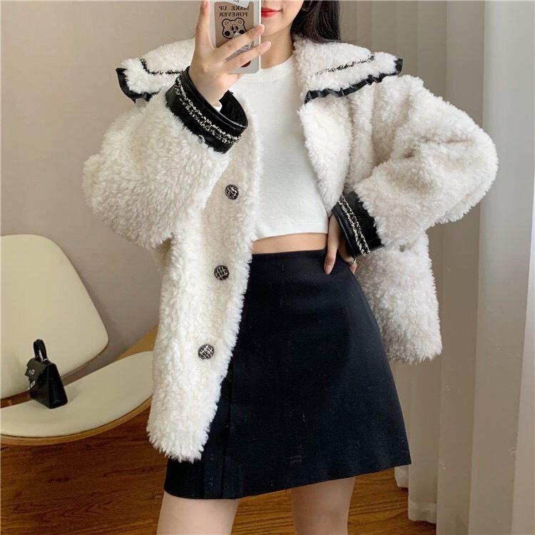Áo Lông Trắng Thủy Thủ - Chất lông cừu dày mịn nhẹ, form rộng - Phong cách Hàn Quốc sang chảnh, quý phái