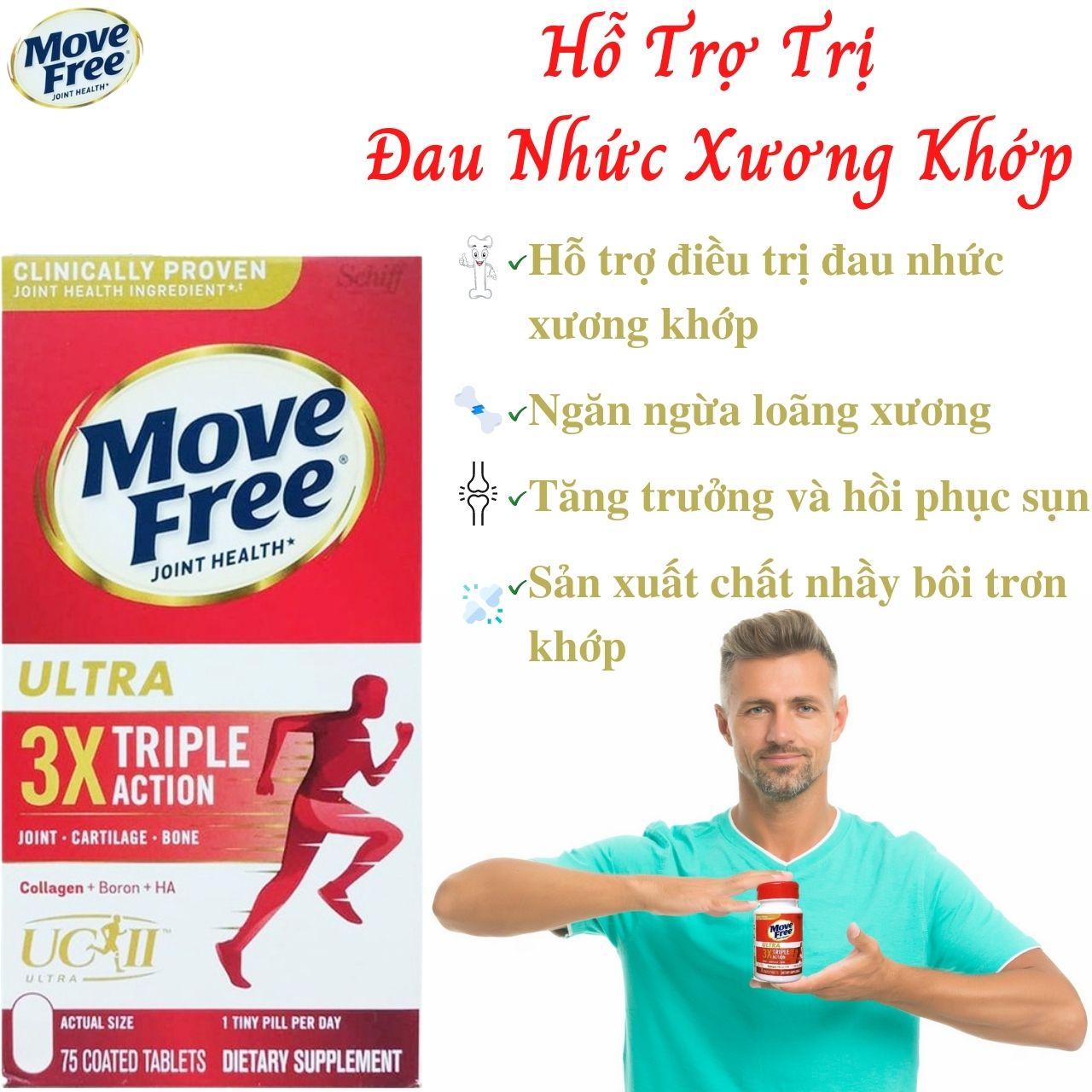 Hỗ trợ giảm đau nhức xương khớp Move Free Ultra 3xTriple Action Mỹ phòng loãng xương, tăng trưởng và hồi phục sụn, tăng chất nhầy khớp - Massel Official 75Viên/Hộp