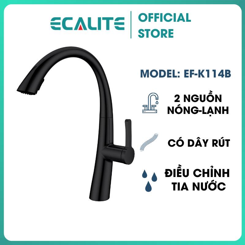 Vòi Rửa Chén Nóng Lạnh S-curve Ecalite EF-K114B - Có Dây Rút - Điều Chỉnh Tia Nước - Đồng Thau Sơn Đen - Hàng Chính Hãng
