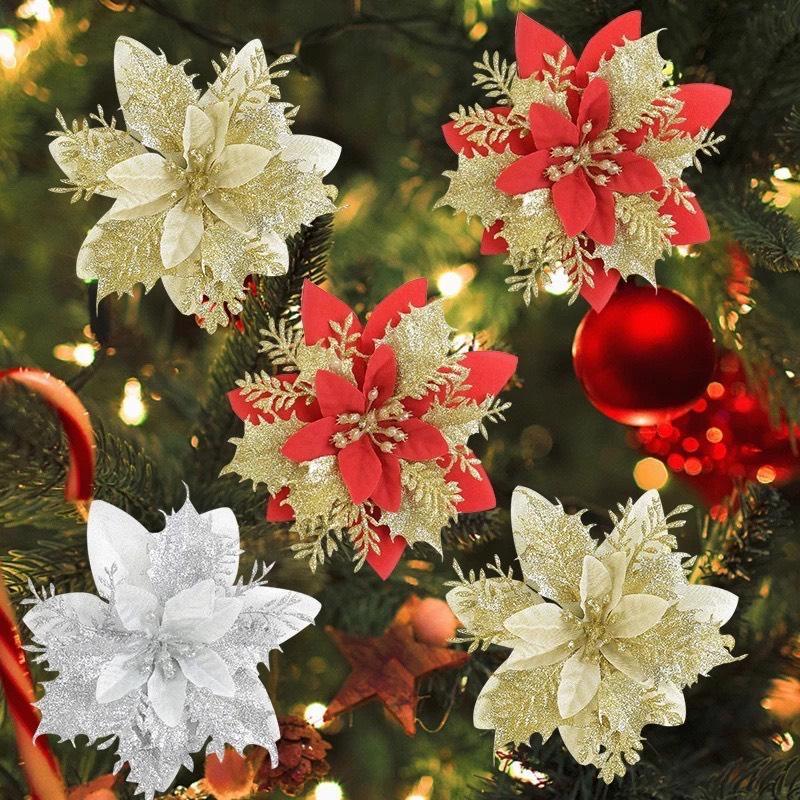 Sét 5 hoa trạng nguyên kim tuyến nhũ vàng đỏ size lớn 13cm trang trí cây thông noel vòng nguyệt quế tháp giỏ quà oản tài