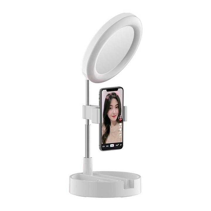 Gương trang điểm gấp gọn có đèn Led Livestream tích hợp giá đỡ và kẹp điện thoại