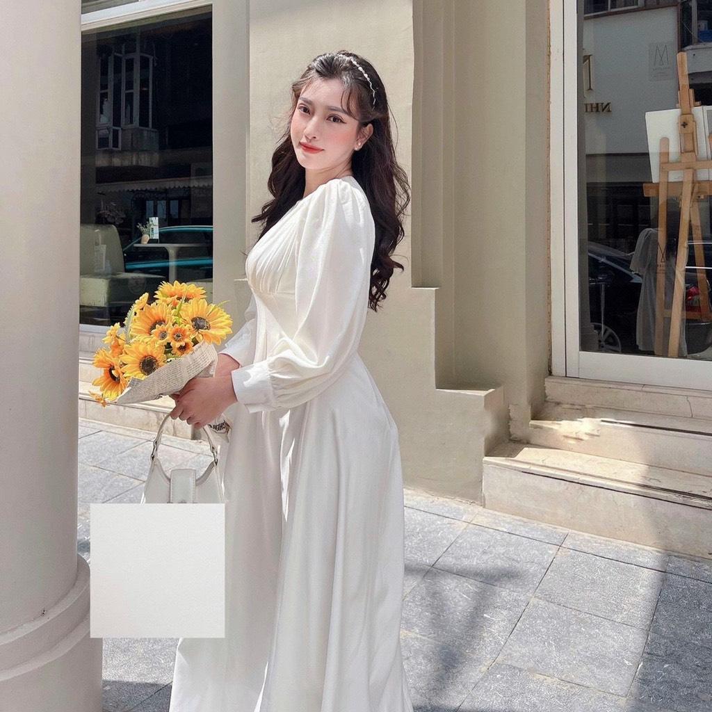 ĐẦM MIDI XẾP LI TAY DÀI CỔ XẺ