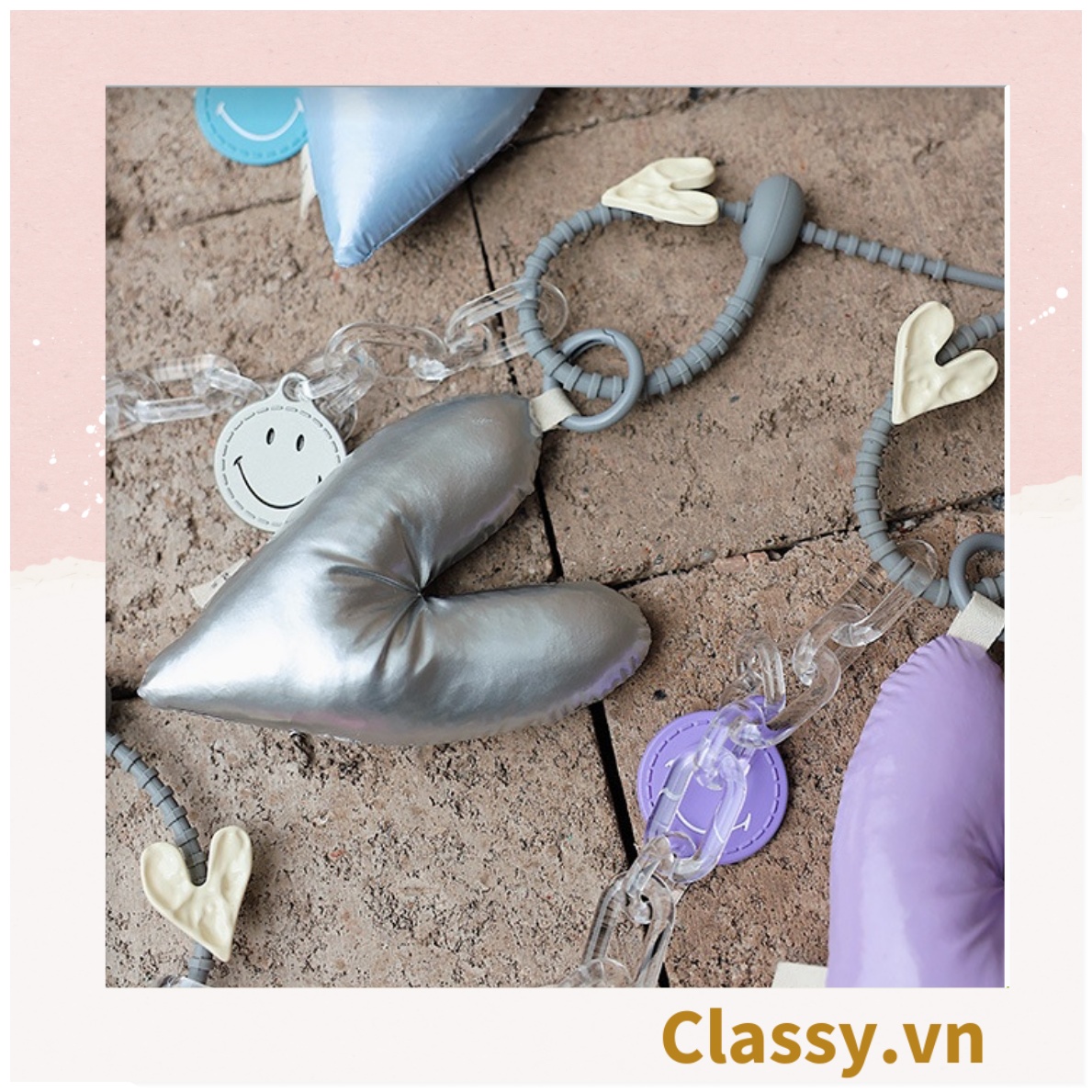 Classy Móc khóa đeo túi, ba lô hình trái tim metalic màu bạc , móc khóa  balo, ví T1766