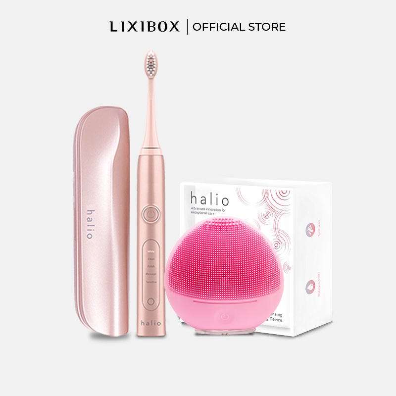 Combo Bàn chải điện Halio Toothbrush Rose Gold &amp; Máy Rửa Mặt Da Nhạy Cảm Pink