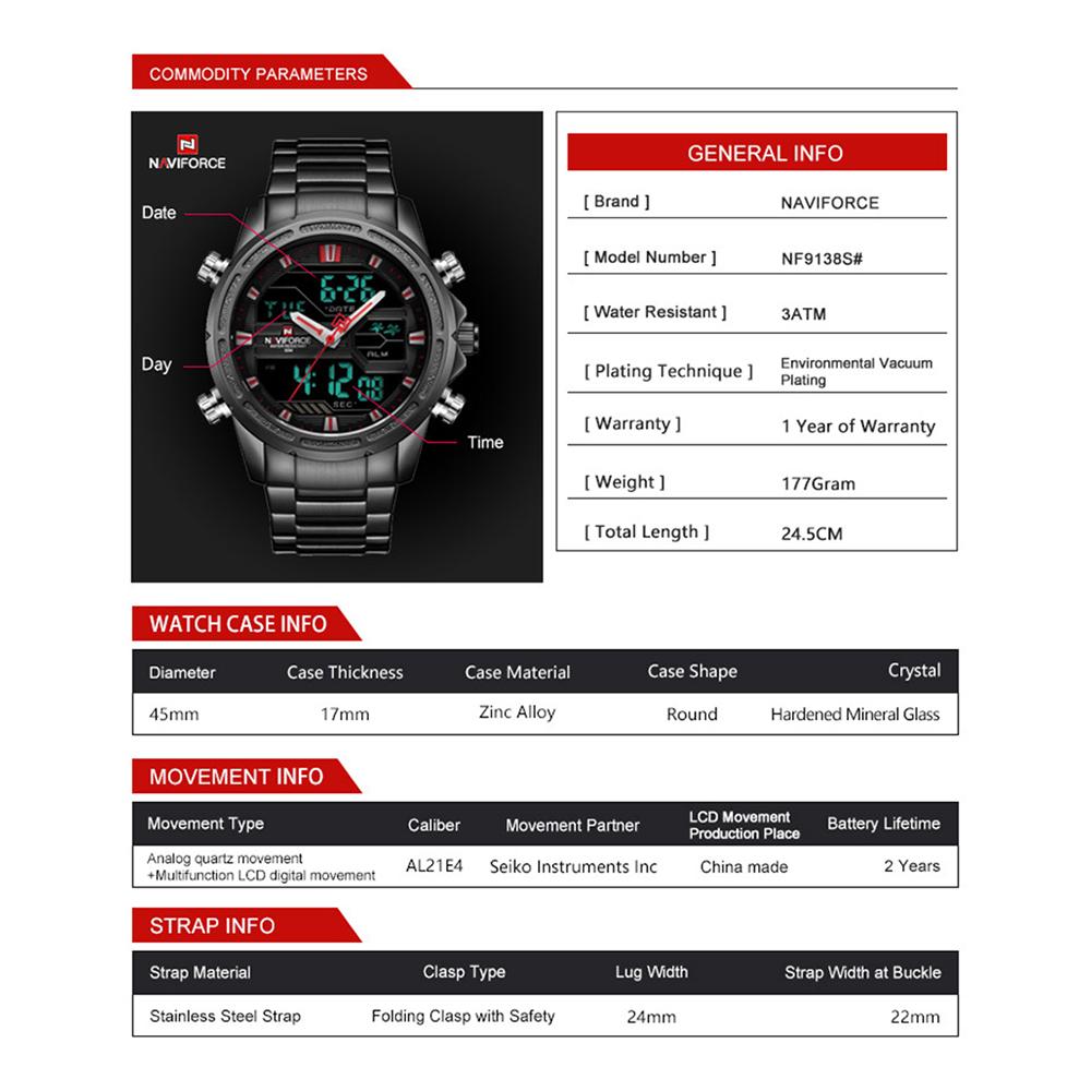 Đồng hồ nam thể thao NAVIFORCE NF9138S Dual Display Two Movement chống nước 3ATM