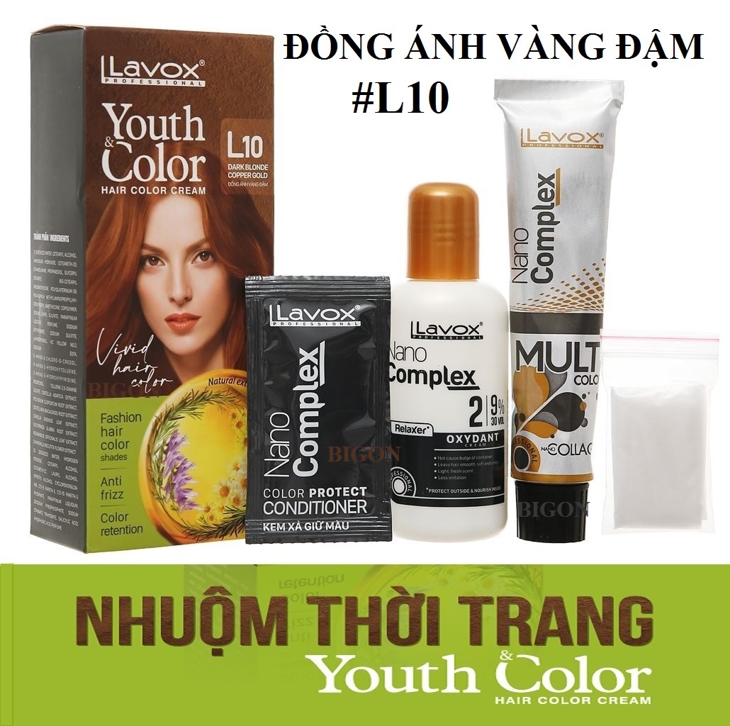 (Đồng Ánh Vàng Đậm) Kem Nhuộm Tóc Màu Thời Trang Lavox Youth&amp;Color L10 - Dark Blonde Copper Gold