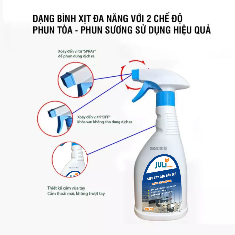 Combo Siêu tẩy cặn canxi nhà tắm JULI Plus và Siêu tẩy rửa dầu mỡ nhà bếp JULI Plus chuyên dụng, tiết kiệm, hiệu quả. Chai 500ml