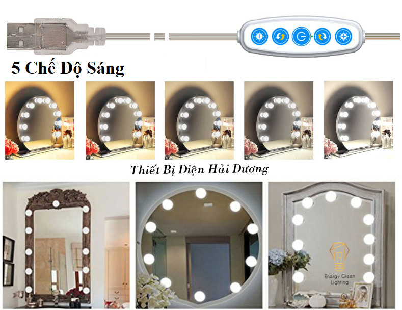 Set 10 bóng đèn LED chiếu sáng gương trang điểm BL-030 - Dán gương tiện lợi - 5 chế độ sáng - Tăng giảm ánh sáng - Tặng Kèm Củ Sạc